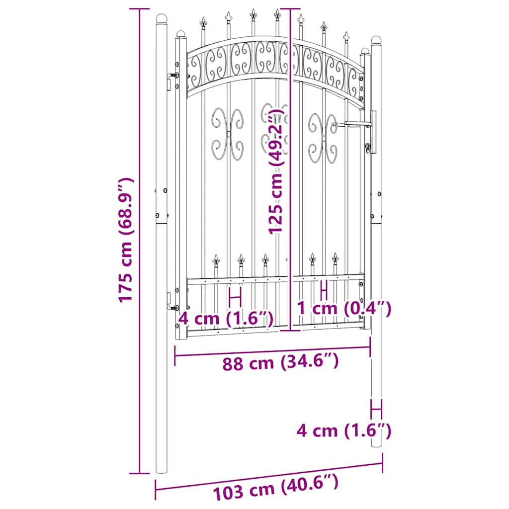 vidaXL Πόρτα Περίφραξης με Κορυφή Δόρυ Μαύρη 103x125 εκ. από Ατσάλι με Ηλεκτροστατική Βαφή