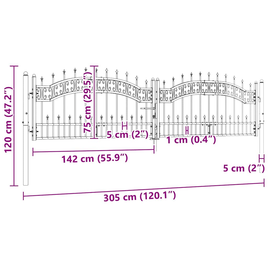 vidaXL Πόρτα Περίφραξης με Κορυφή Δόρυ Μαύρη 305x75 εκ. από Ατσάλι με Ηλεκτροστατική Βαφή