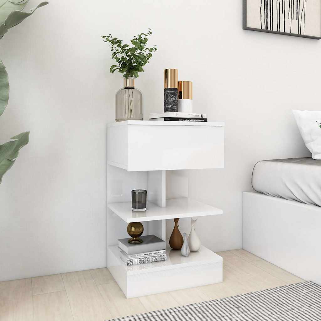 vidaXL Κομοδίνο Γυαλιστερό Λευκό 40 x 35 x 65 εκ. από Επεξ. Ξύλο