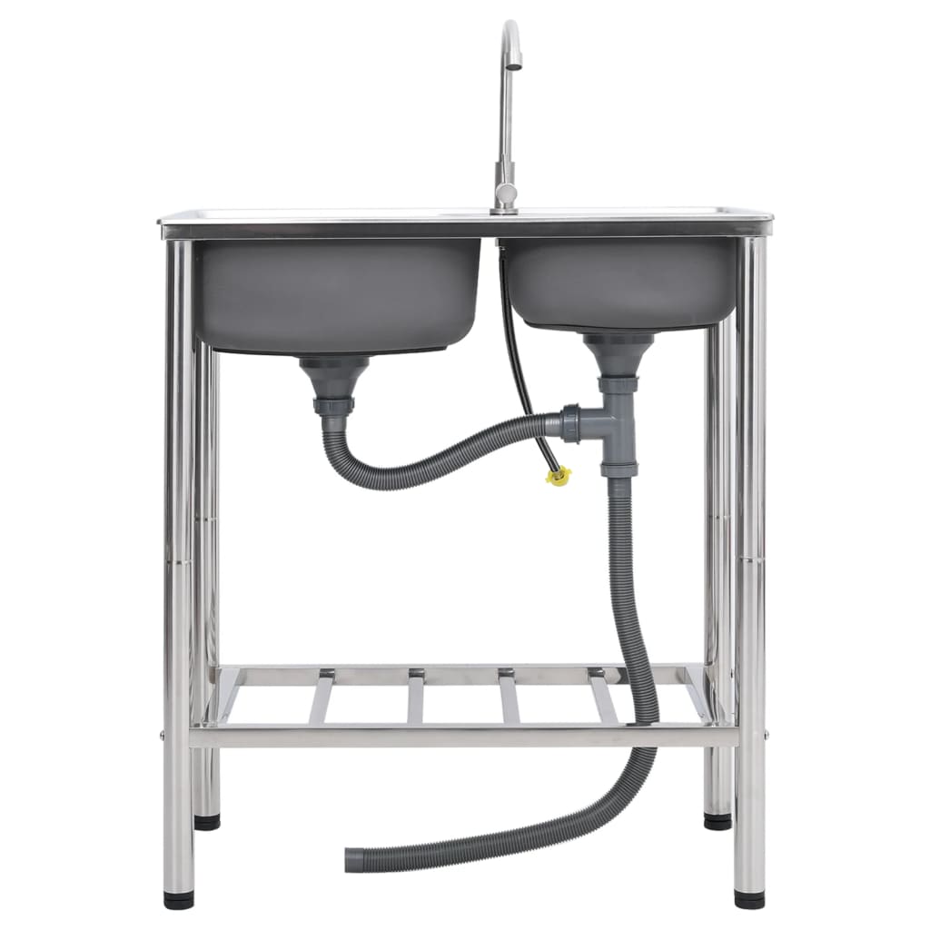 vidaXL Νεροχύτης Εξωτερ. Χώρου με Διπλή Γούρνα & Μπαταρία Ανοξ. Ατσάλι