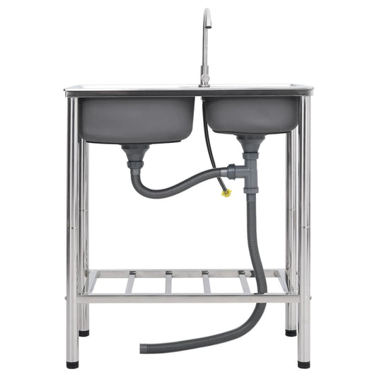 vidaXL Νεροχύτης Εξωτερ. Χώρου με Διπλή Γούρνα & Μπαταρία Ανοξ. Ατσάλι