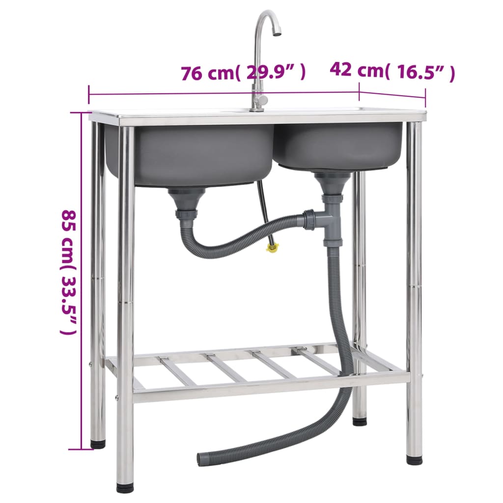 vidaXL Νεροχύτης Εξωτερ. Χώρου με Διπλή Γούρνα & Μπαταρία Ανοξ. Ατσάλι