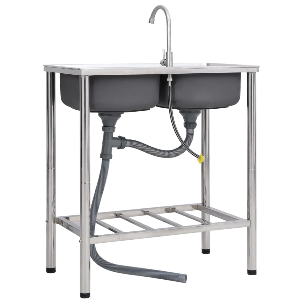 vidaXL Νεροχύτης Εξωτερ. Χώρου με Διπλή Γούρνα & Μπαταρία Ανοξ. Ατσάλι