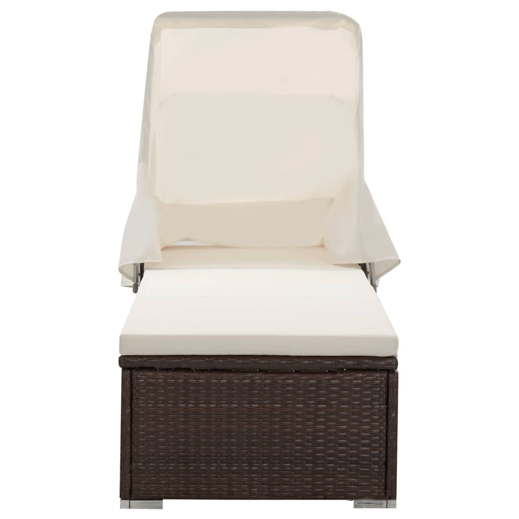 vidaXL Ξαπλώστρα Καφέ από Συνθετικό Ρατάν με Σκίαστρο και Μαξιλάρι