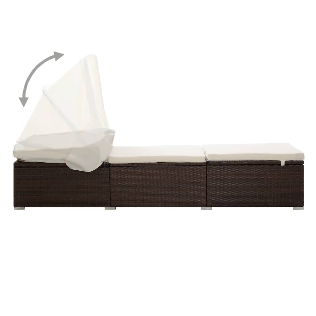 vidaXL Ξαπλώστρα Καφέ από Συνθετικό Ρατάν με Σκίαστρο και Μαξιλάρι