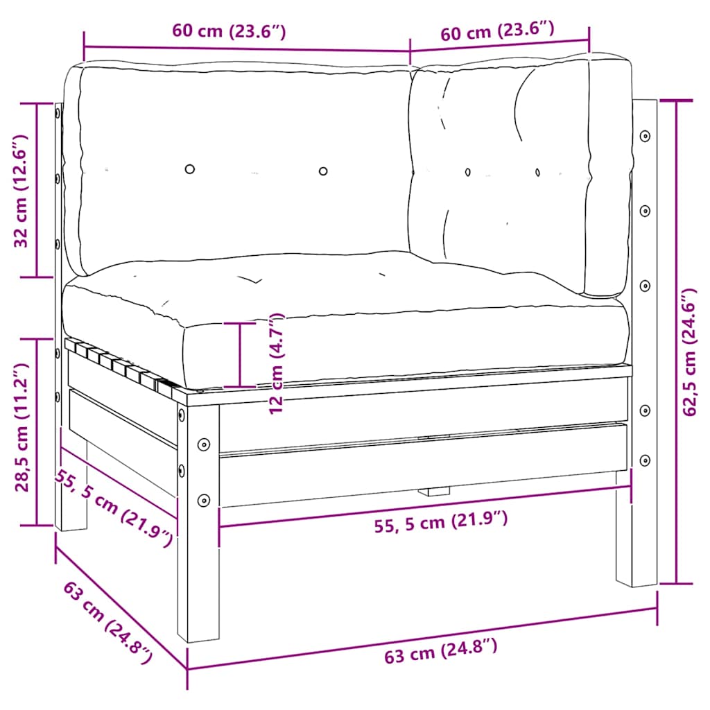 vidaXL Καναπές Κήπου Διθέσιος Μαύρος Μασίφ Ξύλο Πεύκου με Μαξιλάρια