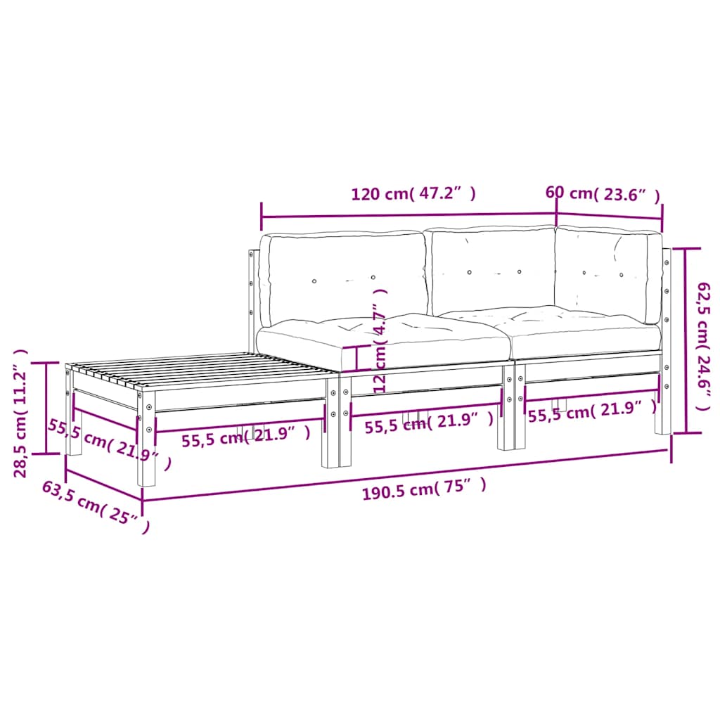 vidaXL Σαλόνι Κήπου Σετ 3 τεμ Λευκό από Μασίφ Ξύλο Πεύκου με Μαξιλάρια