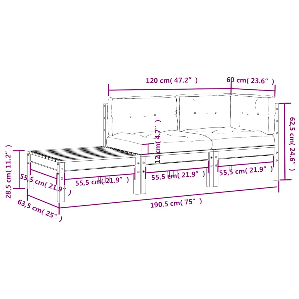 vidaXL Σαλόνι Κήπου Σετ 3 Τεμαχίων Γκρι Μασίφ Ξύλο Πεύκου & Μαξιλάρια
