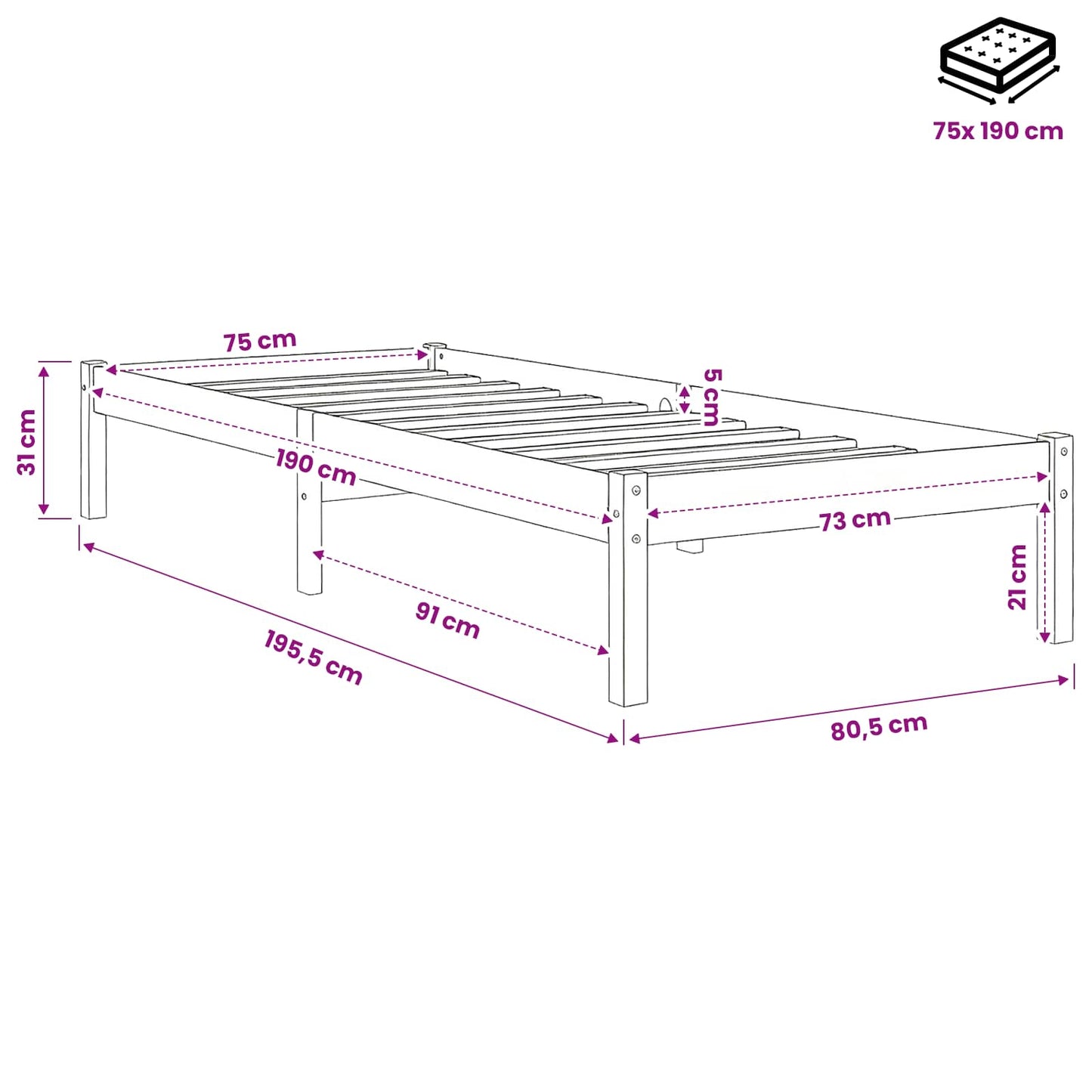 vidaXL Πλαίσιο Κρεβατιού Λευκό 75x190 εκ. Μασίφ Ξύλο Small Single