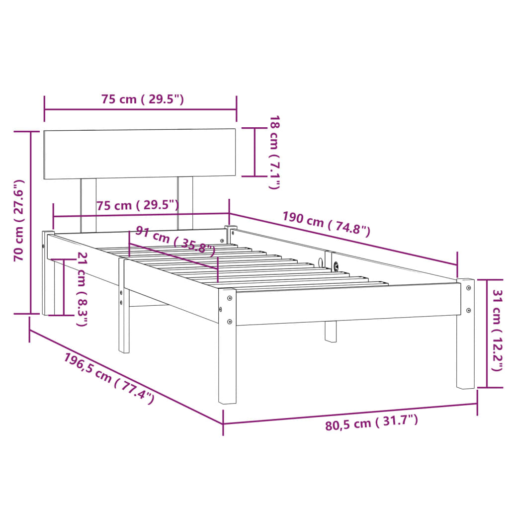 vidaXL Πλαίσιο Κρεβατιού Λευκό 75x190 εκ. Μασίφ Ξύλο Small Single
