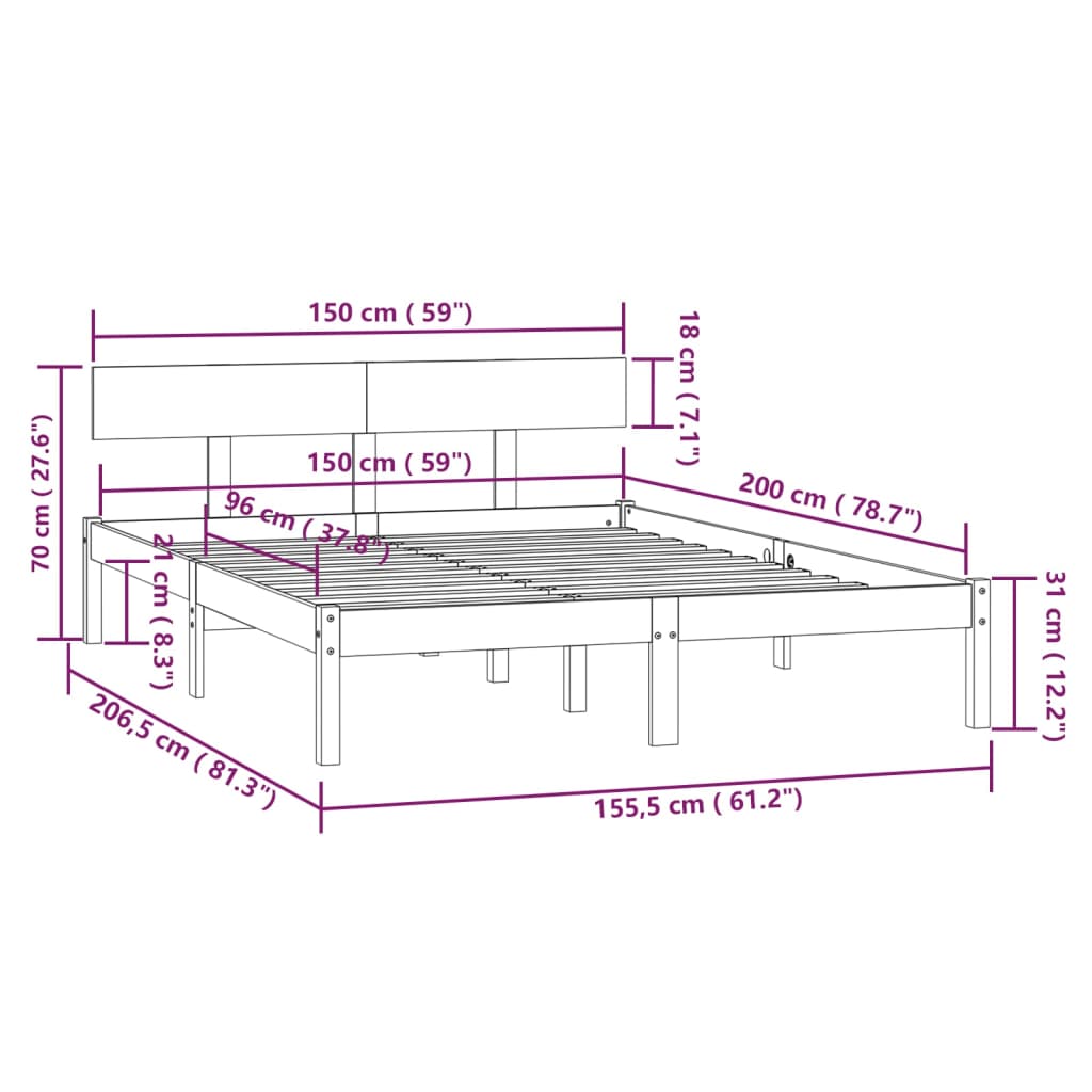 vidaXL Πλαίσιο Κρεβατιού Λευκό 150 x 200εκ Μασίφ Ξύλο Πεύκου King Size