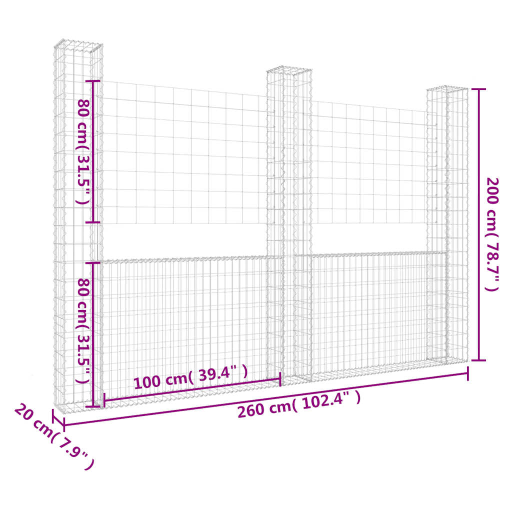 vidaXL Συρματοκιβώτια σε U Σχήμα με 3 Στύλους 260x20x200 εκ Σιδερένιο