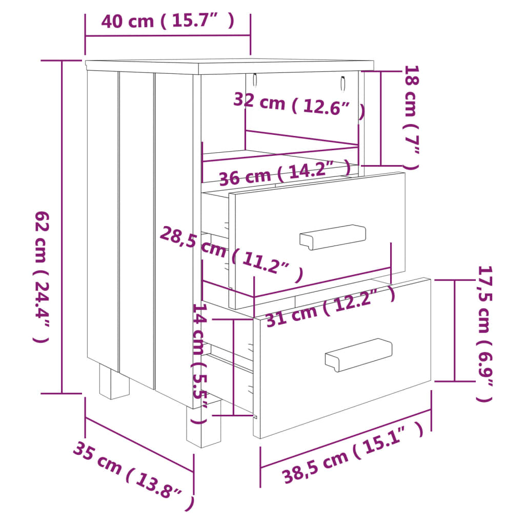 vidaXL Κομοδίνο HAMAR Λευκό 40x35x62 εκ. από Μασίφ Ξύλο Πεύκου