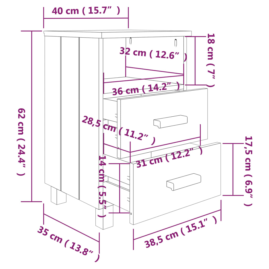 vidaXL Κομοδίνο HAMAR 2 Τεμ. Σκ. Γκρι 40x35x62 εκ. Μασίφ Ξύλο Πεύκου