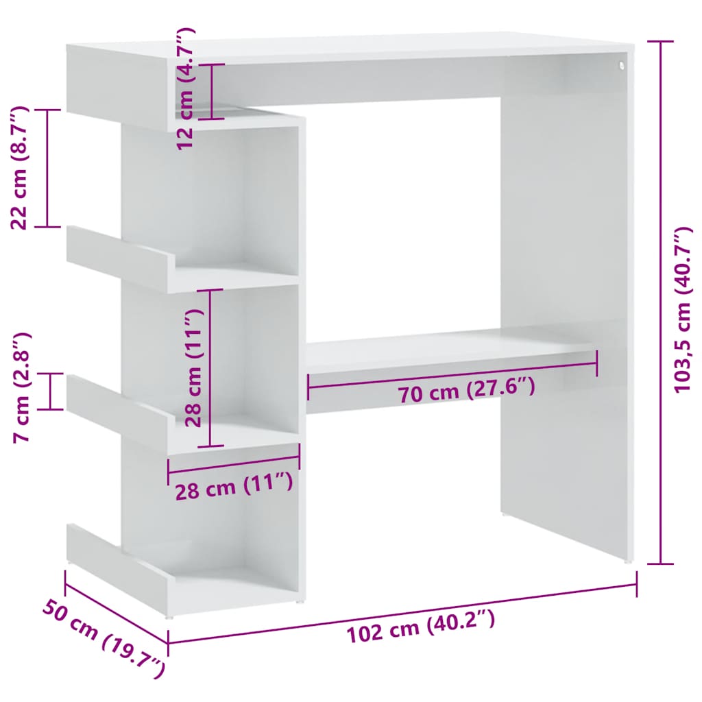 vidaXL Τραπέζι Μπαρ με Ράφια Γυαλ. Λευκό 102x50x103,5 εκ. Επεξ. Ξύλο