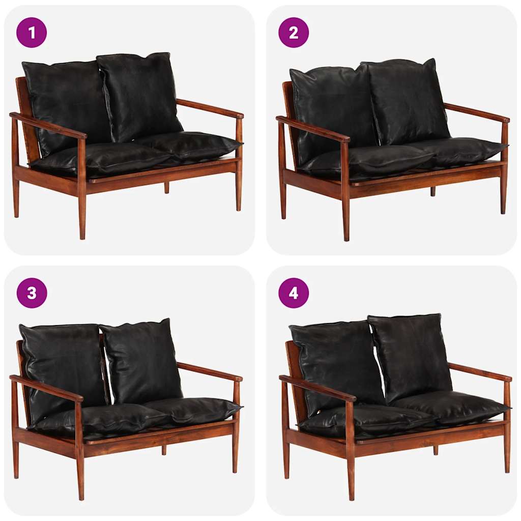 vidaXL Καναπές Διθέσιος Μαύρος από Γνήσιο Δέρμα και Μασίφ Ξύλο Ακακίας