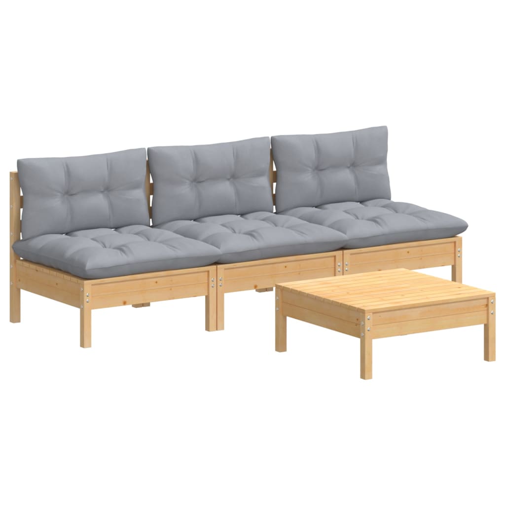 vidaXL Σαλόνι Κήπου Σετ 4 Τεμαχίων Ξύλο Πεύκου με Γκρι Μαξιλάρια