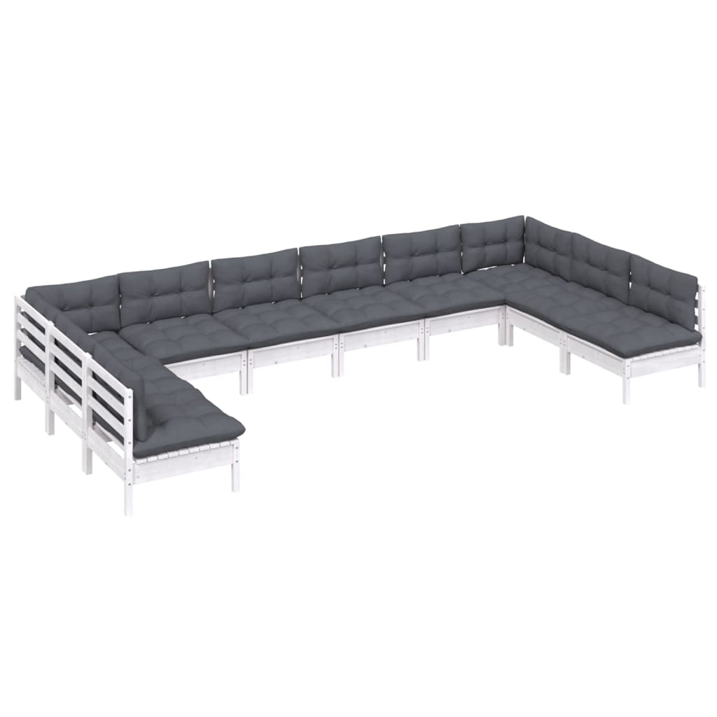 vidaXL Σαλόνι Κήπου Σετ 10 Τεμ. Λευκό Μασίφ Ξύλο Πεύκου & Μαξιλάρια