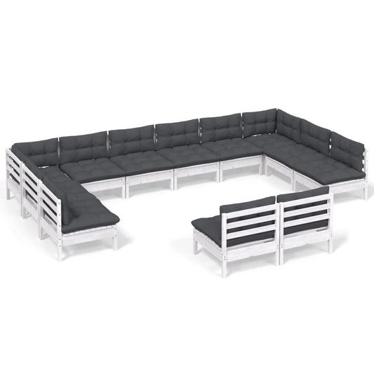 vidaXL Σαλόνι Κήπου Σετ 12 Τεμαχίων Λευκό από Μασίφ Πεύκο με Μαξιλάρια