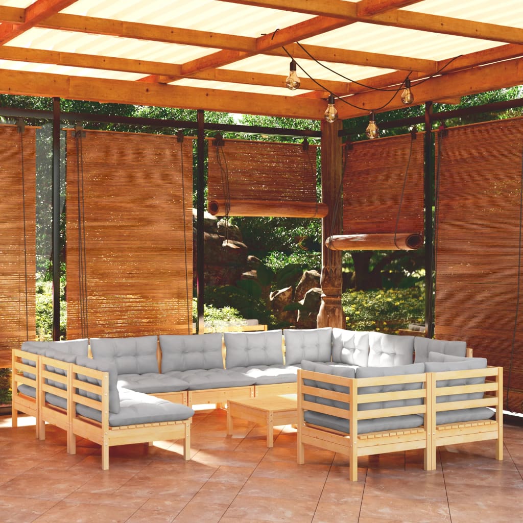 vidaXL Σαλόνι Κήπου Σετ 12 Τεμαχίων Μασίφ Ξύλο Πεύκου & Γκρι Μαξιλάρια