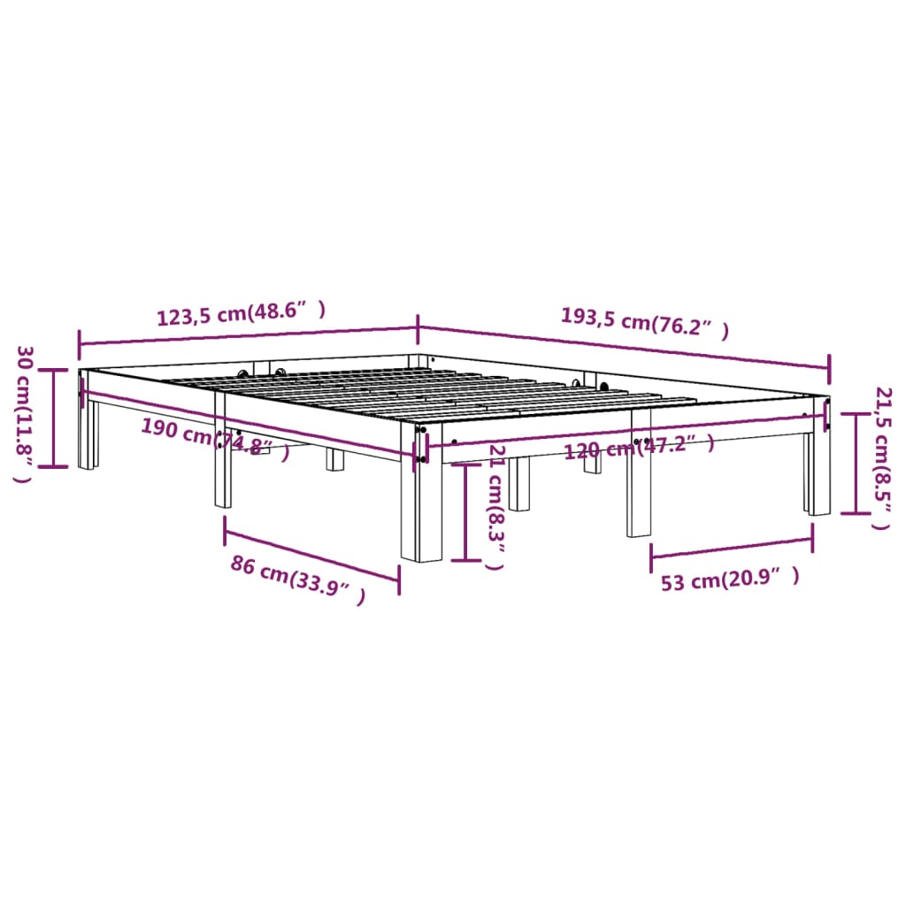 vidaXL Πλαίσιο Κρεβατιού 120 x 190 εκ. από Μασίφ Ξύλο Small Double