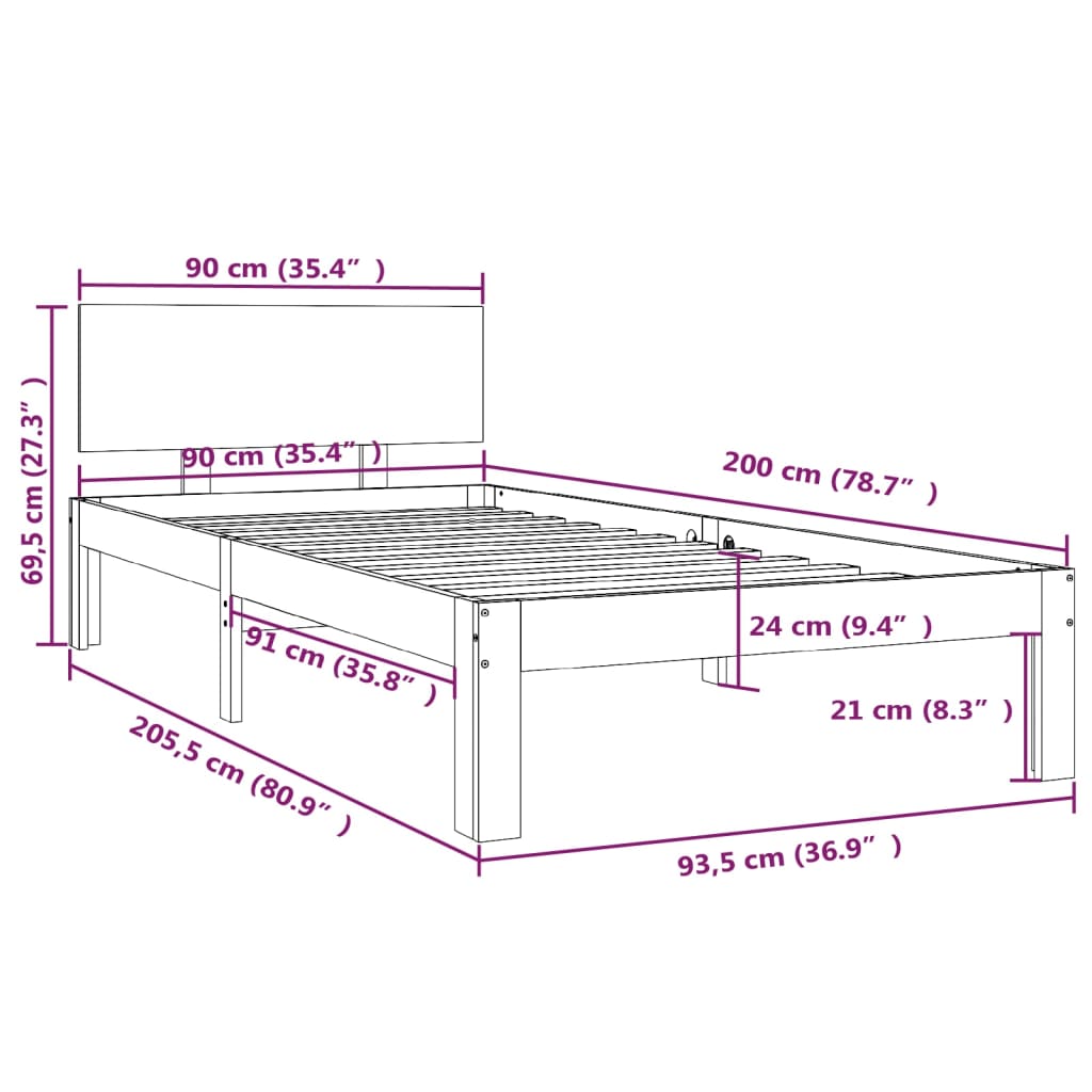 vidaXL Πλαίσιο Κρεβατιού Μαύρο 90 x 200 εκ. από Μασίφ Ξύλο Πεύκου