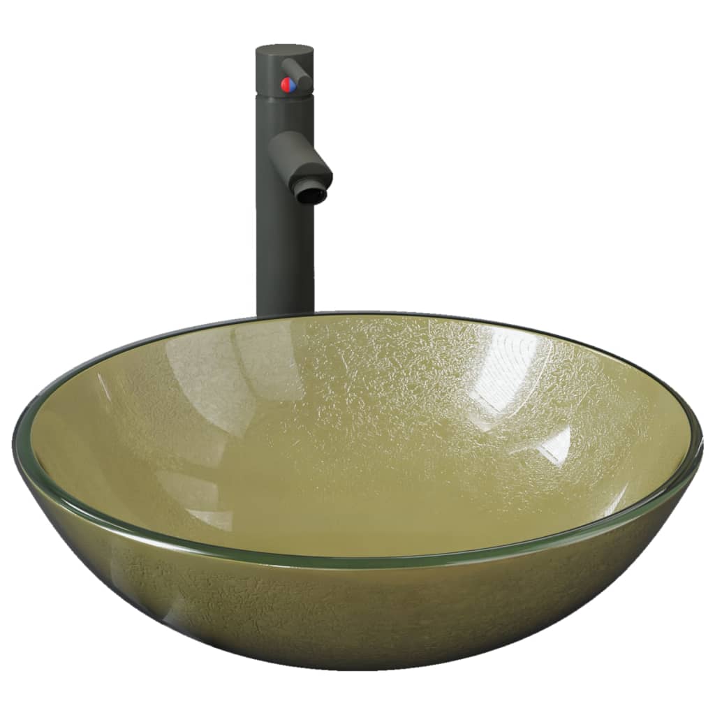 vidaXL Νιπτήρας Μπάνιου με Βρύση& Βαλβίδα Πατητή από Ψημ. Γυαλί Χρυσός