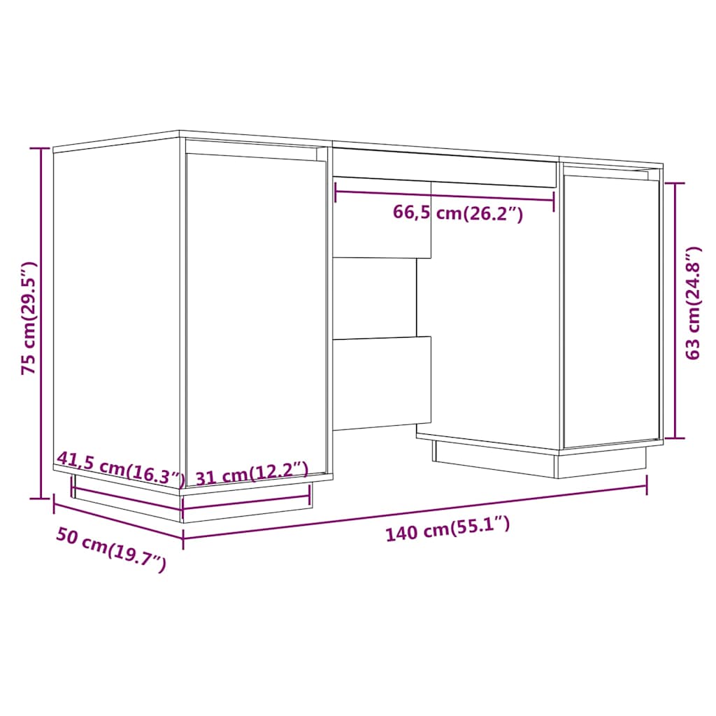 vidaXL Γραφείο Λευκό 140 x 50 x 75 εκ. από Μασίφ Ξύλο Πεύκου