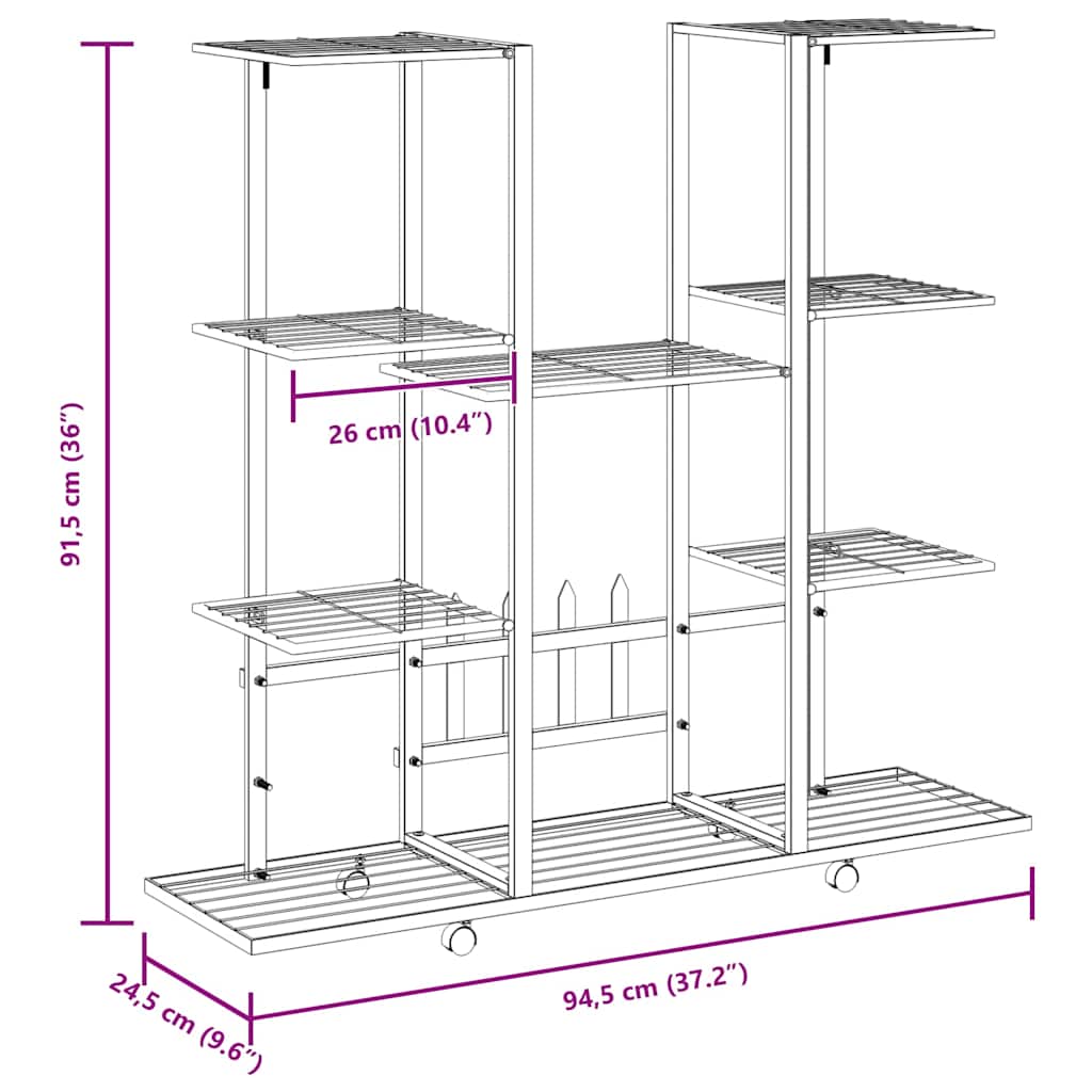 vidaXL Βάση Λουλουδιών με Ρόδες 94,5 x 24,5 x 91,5 εκ. Μαύρη Σιδερένια
