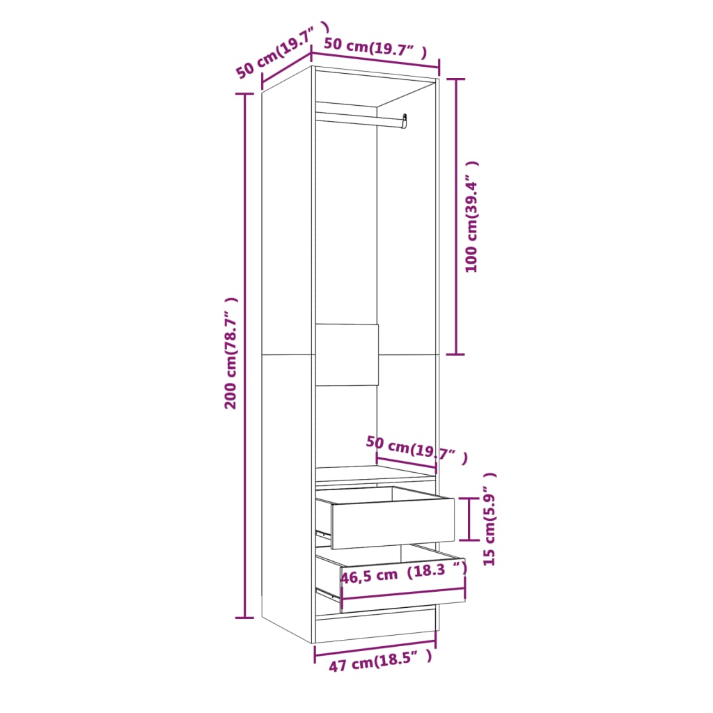 vidaXL Ντουλάπα με Συρτάρια Καπνιστή Δρυς 50x50x200 εκ. Επεξεργ. Ξύλο