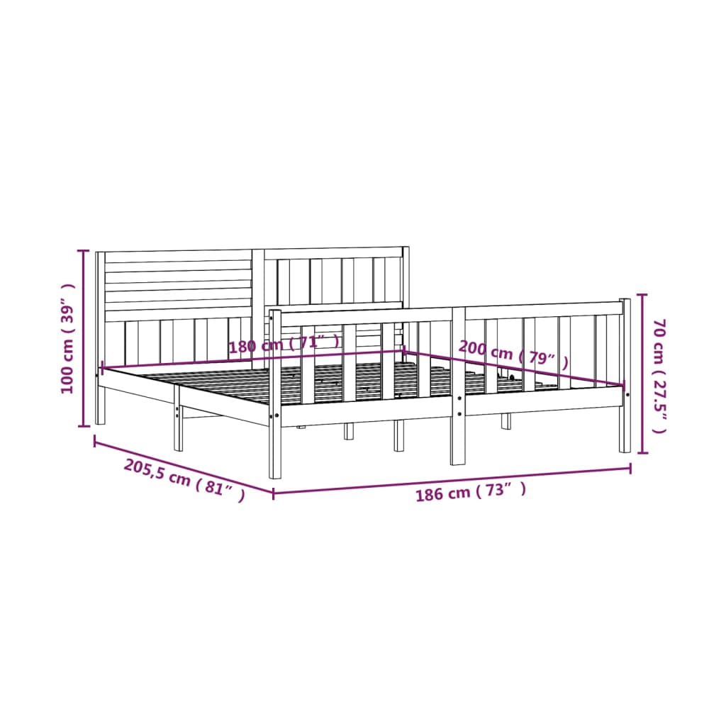 vidaXL Πλαίσιο Κρεβατιού 180 x 200 εκ. Μασίφ Ξύλο Super King Size