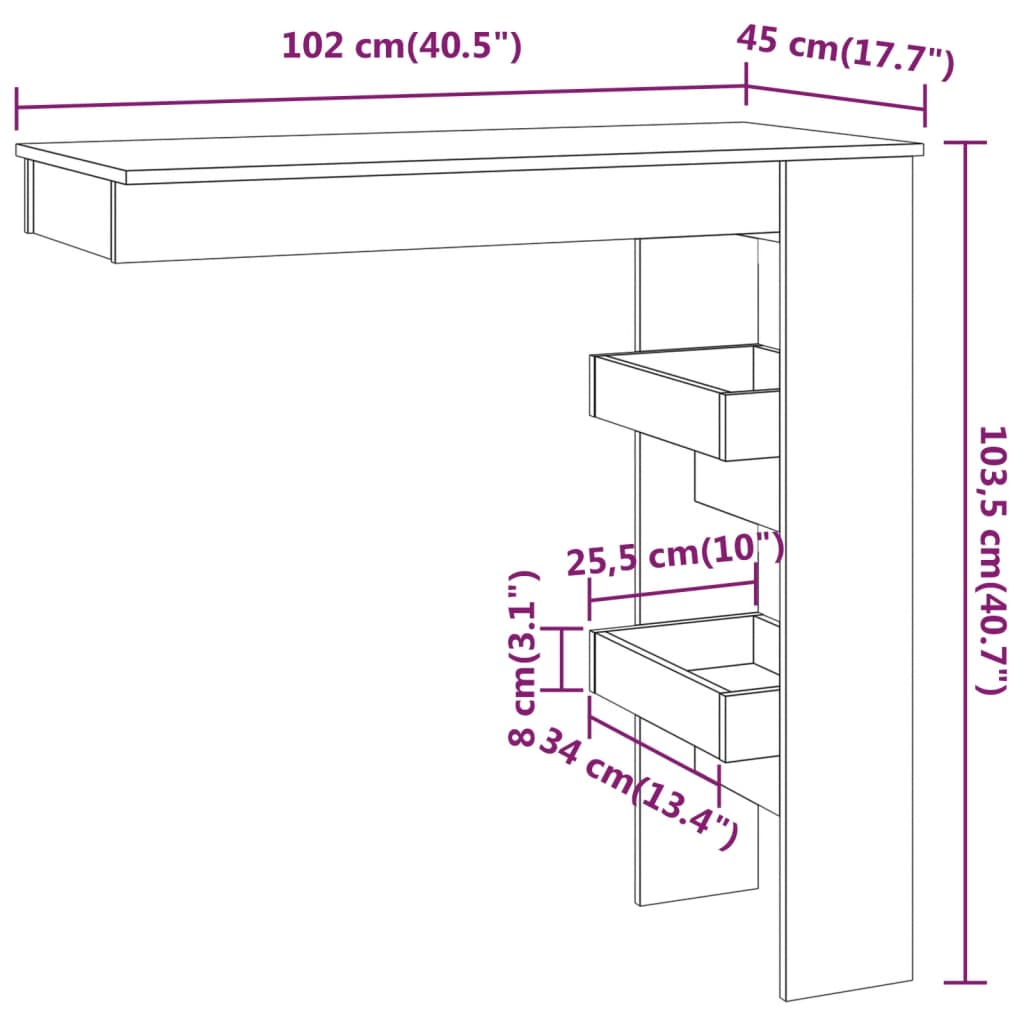 vidaXL Τραπέζι Μπαρ Τοίχου Sonoma Δρυς 102x45x103,5 εκ. Επεξεργ. Ξύλο