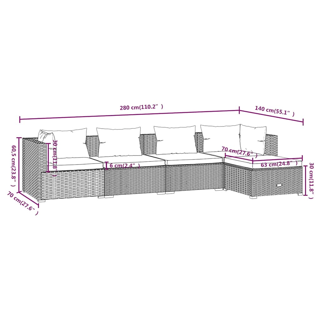 vidaXL Σαλόνι Κήπου Σετ 5 Τεμαχίων Καφέ Συνθετικό Ρατάν με Μαξιλάρια