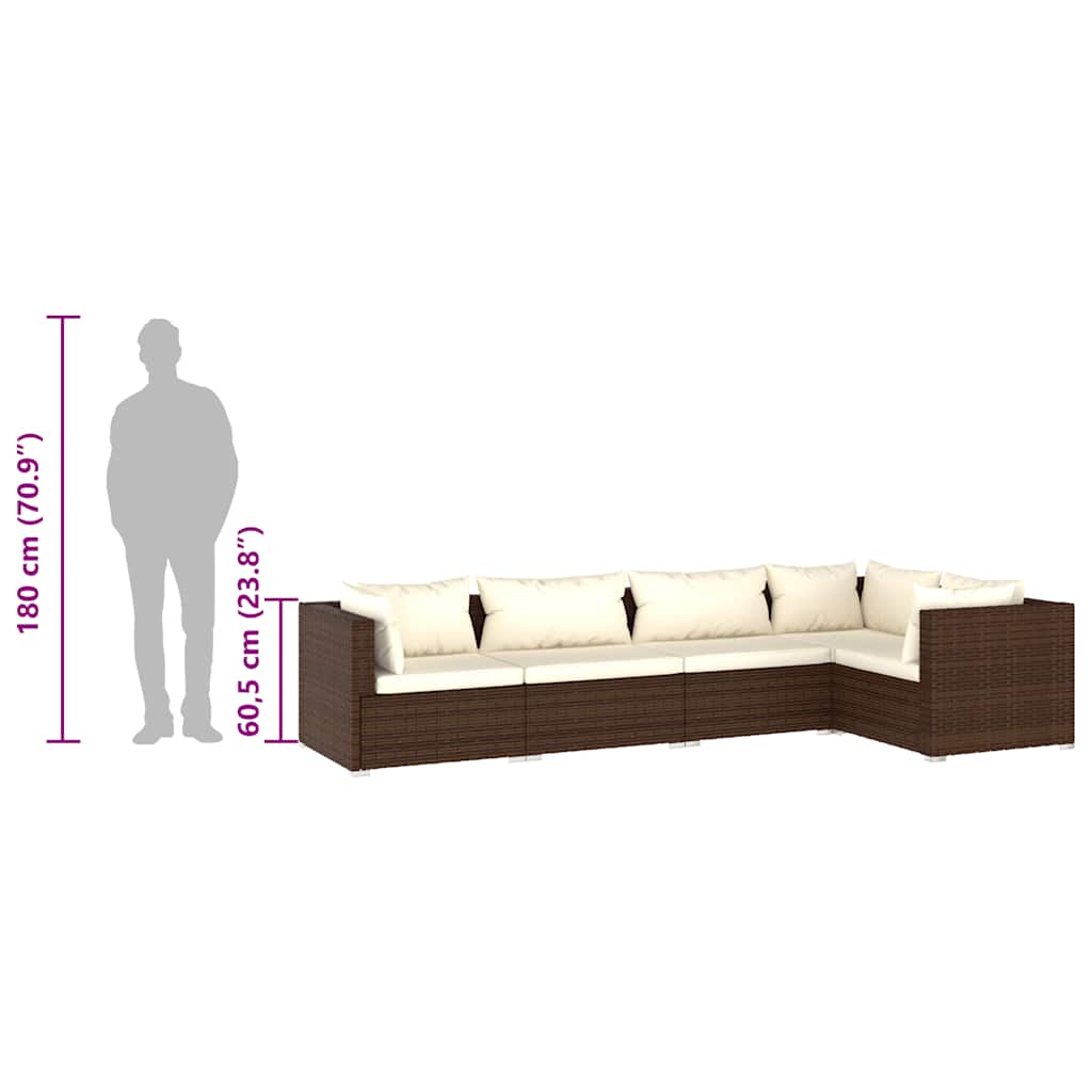 vidaXL Σαλόνι Κήπου 5 Τεμαχίων Καφέ Συνθετικό Ρατάν με Μαξιλάρια