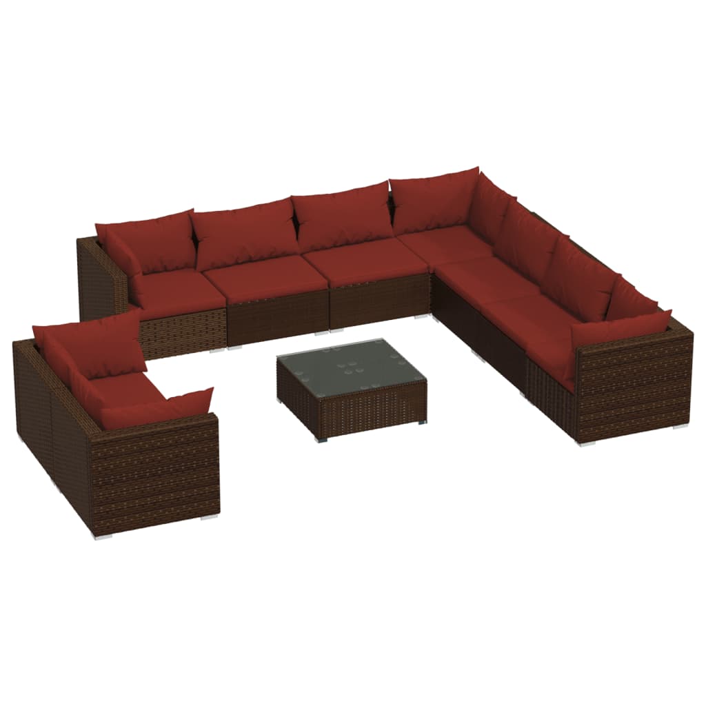 vidaXL Σαλόνι Κήπου Σετ 10 Τεμαχίων Καφέ Συνθετικό Ρατάν με Μαξιλάρια