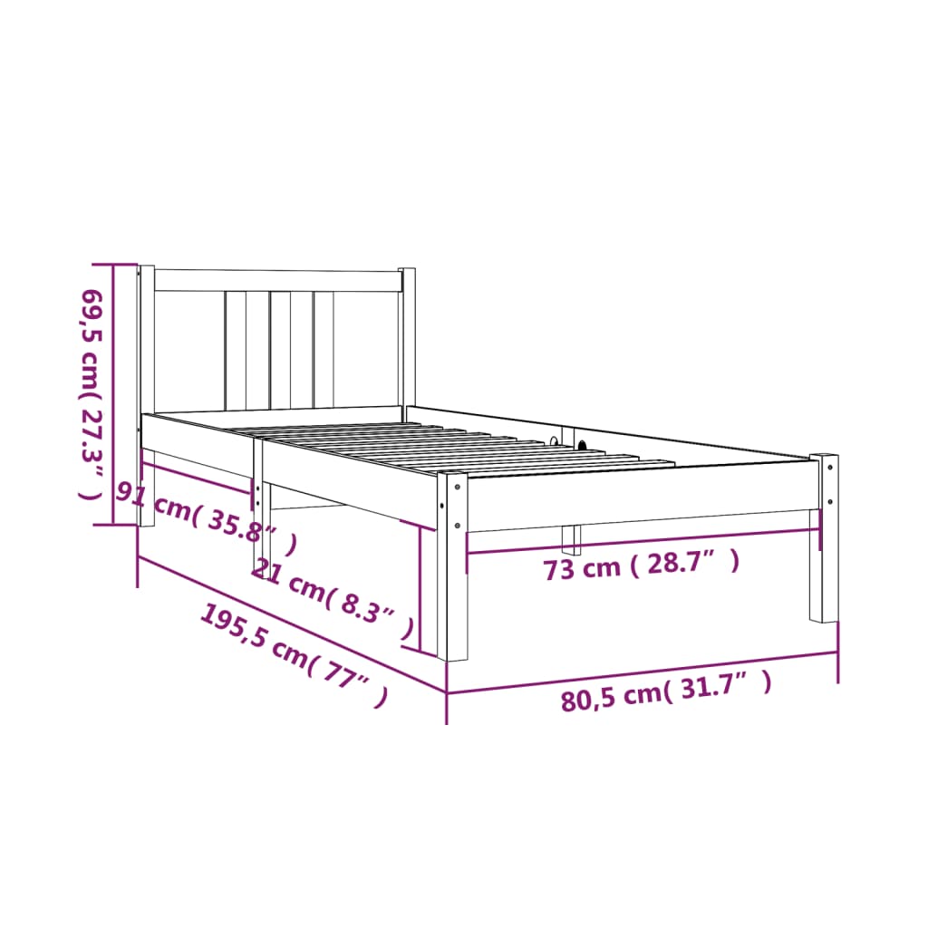 vidaXL Πλαίσιο Κρεβατιού Μελί 75x190 εκ. Ξύλο Πεύκου Small Single