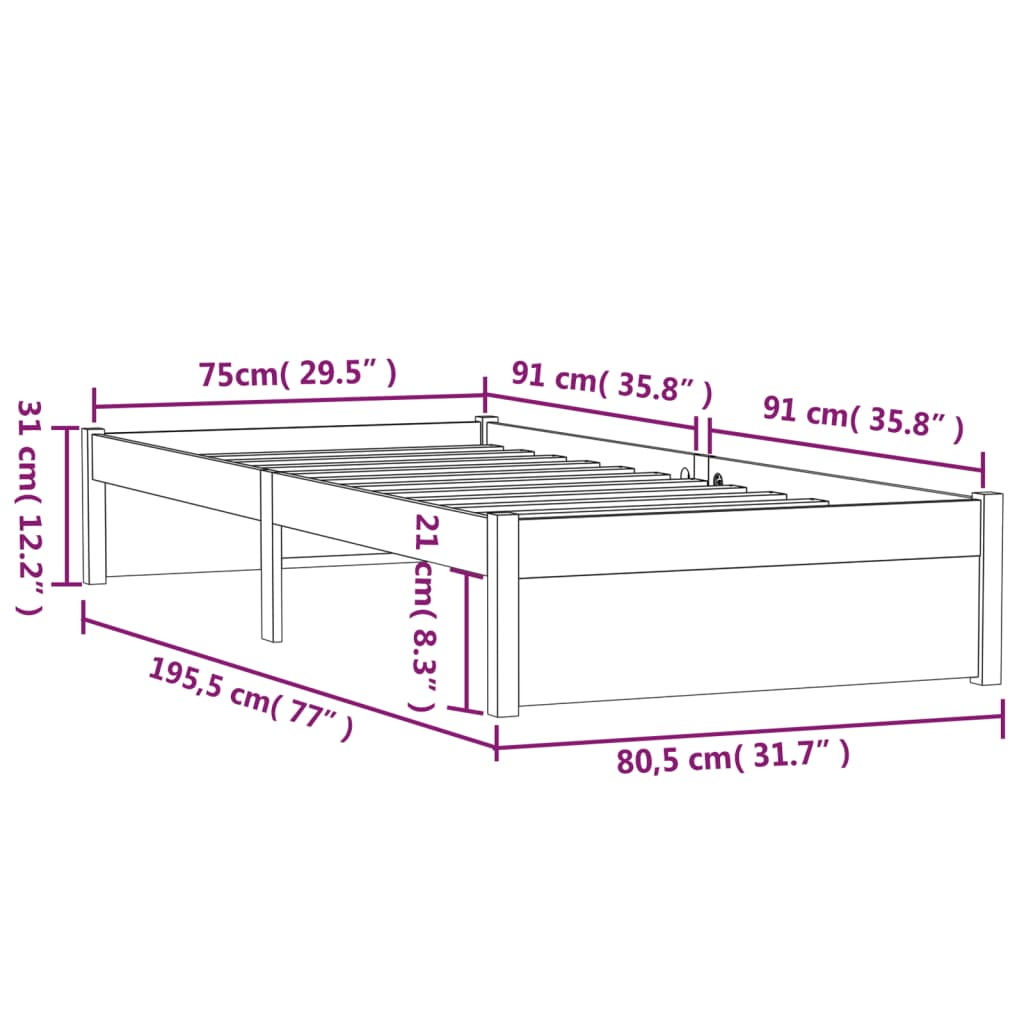 vidaXL Πλαίσιο Κρεβατιού Μελί 75x190 εκ. Ξύλο Πεύκου Small Single
