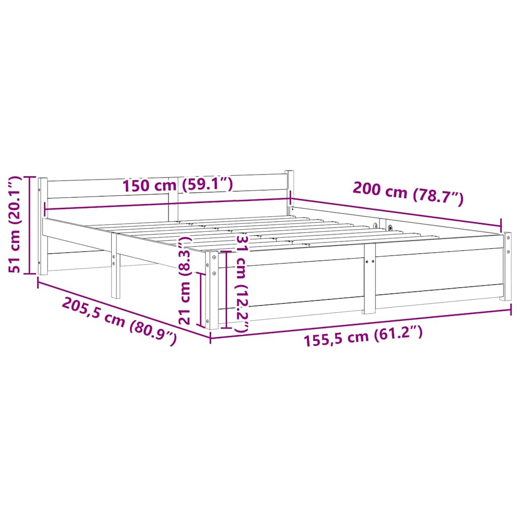 vidaXL Πλαίσιο Κρεβατιού Μαύρο 150 x 200 εκ. Μασίφ Ξύλο King Size