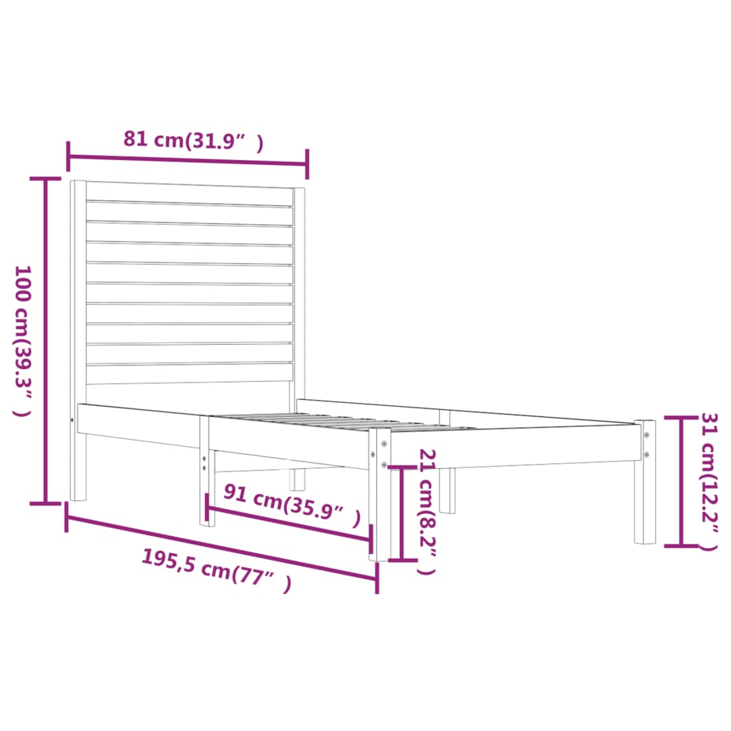 vidaXL Πλαίσιο Κρεβατιού 75 x 190 εκ. από Μασίφ Ξύλο Small Single