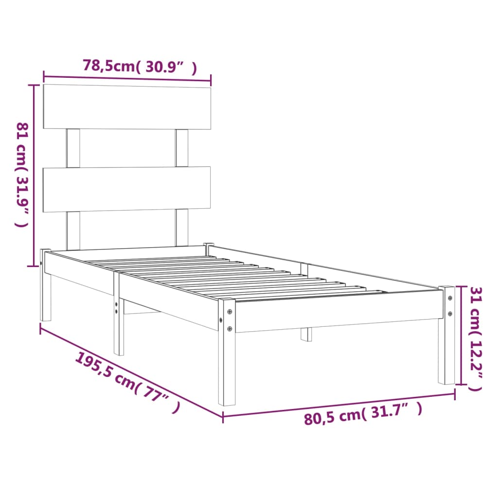 vidaXL Πλαίσιο Κρεβατιού 75 x 190 εκ. από Μασίφ Ξύλο Small Single