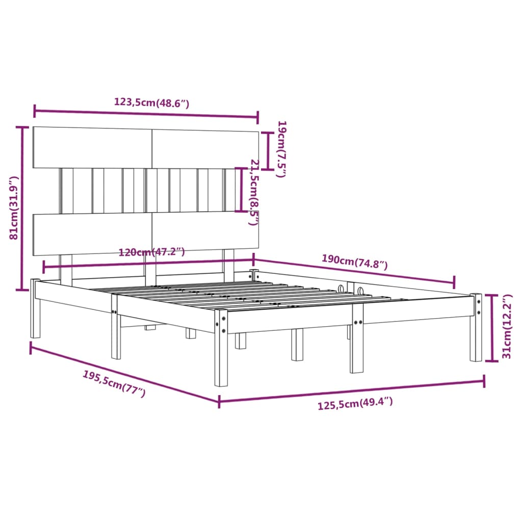 vidaXL Πλαίσιο Κρεβατιού 120 x 190 εκ. από Μασίφ Ξύλο Small Double