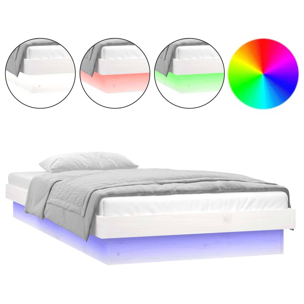 vidaXL Πλαίσιο Κρεβατιού LED Λευκό 75x190 εκ. Μικρό Μονό Μασίφ Ξύλο