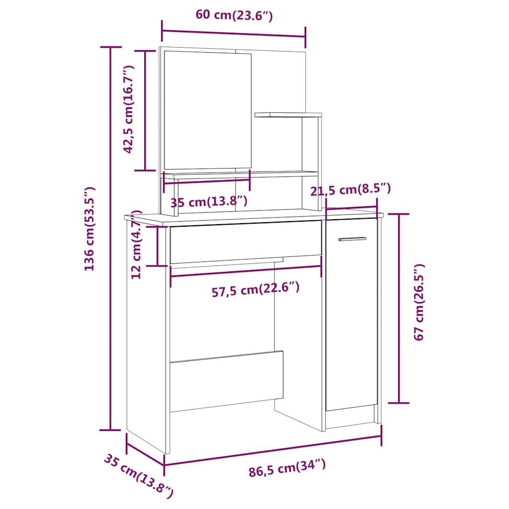 vidaXL Μπουντουάρ με Καθρέφτη Λευκό 86,5 x 35 x 136 εκ.