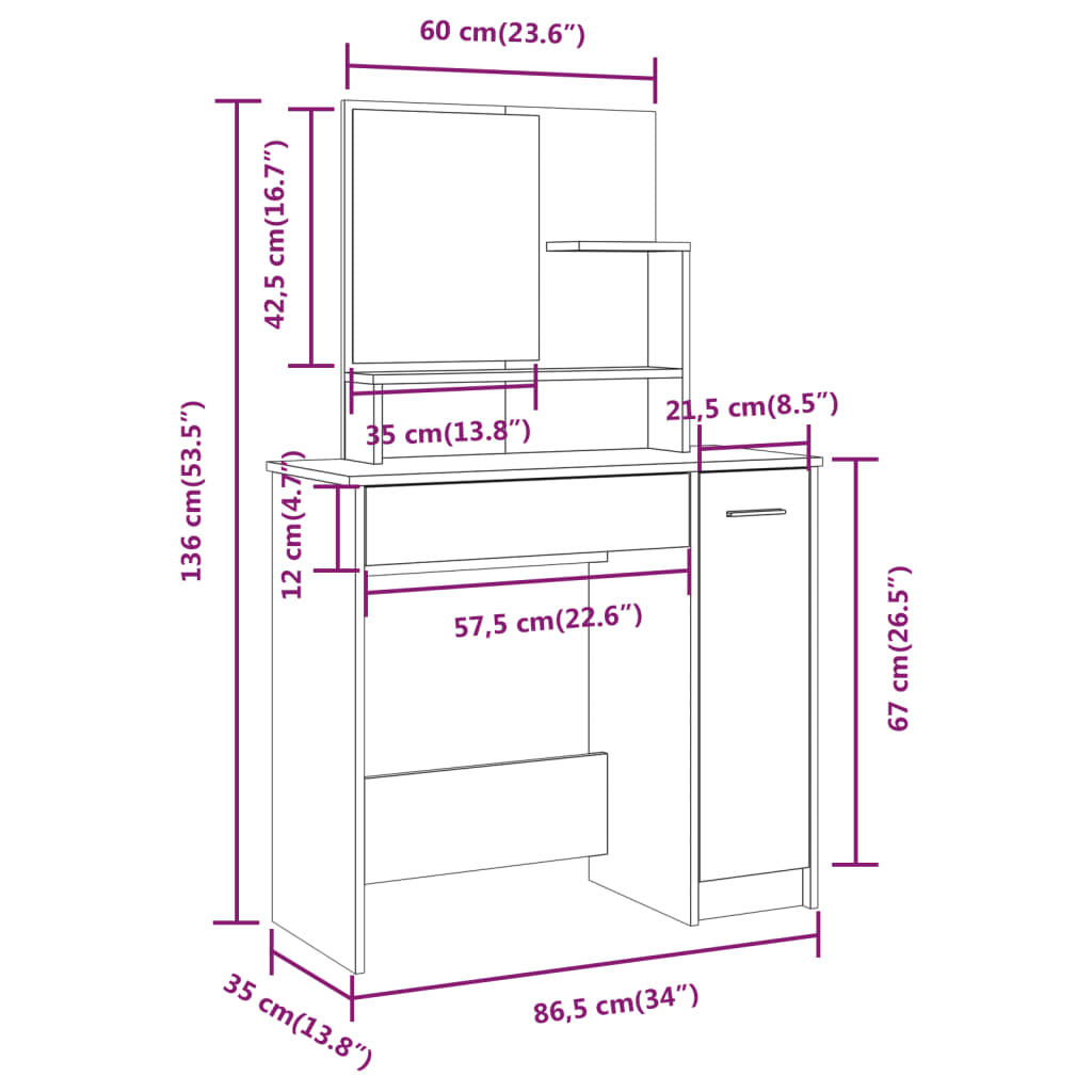 vidaXL Μπουντουάρ Σετ Καπνιστή Δρυς 86,5 x 35 x 136 εκ.