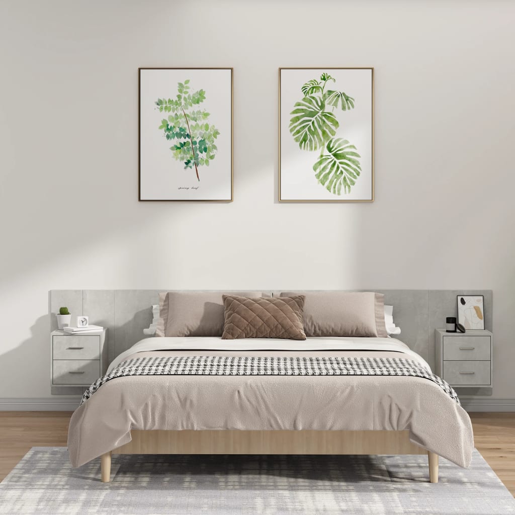 vidaXL Κεφαλάρι Κρεβατιού με Κομοδίνα Γκρι Σκυροδέματος Επεξεργ. Ξύλο