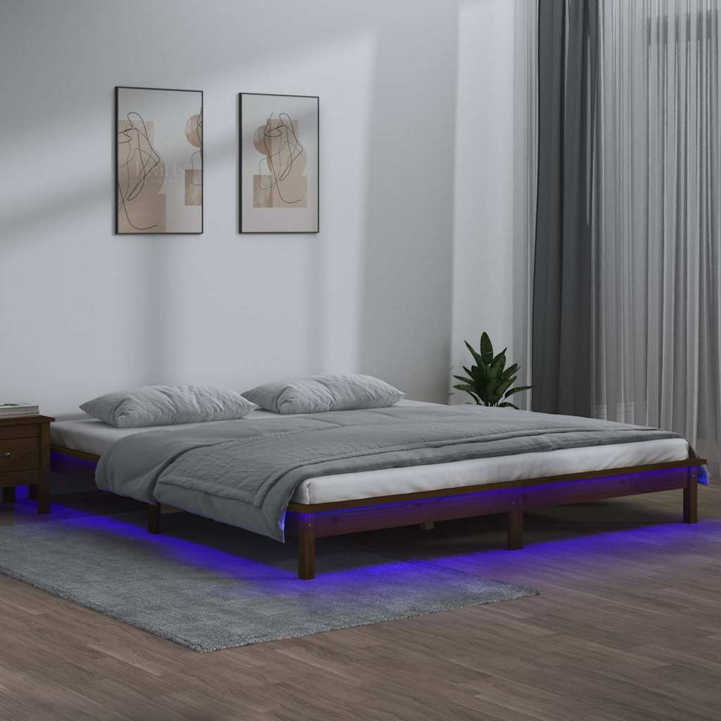 vidaXL Πλαίσιο Κρεβατιού Με LED Καφέ Μελί 140x200 εκ. από Μασίφ Ξύλο