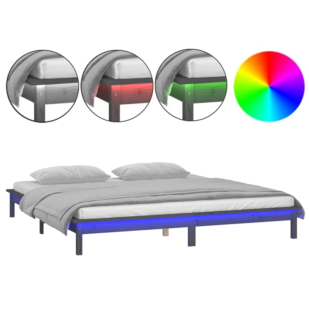 vidaXL Πλαίσιο Κρεβατιού LED Γκρι 120x190 εκ. Μικρό Διπλό Μασίφ Ξύλο