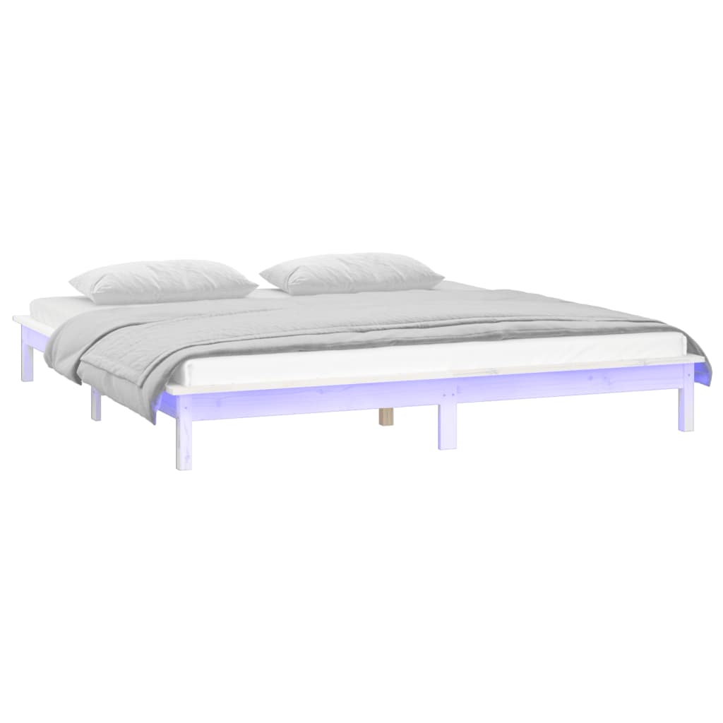 vidaXL Πλαίσιο Κρεβατιού με LED Λευκό 135 x 190 εκ. Διπλό Μασίφ Ξύλο