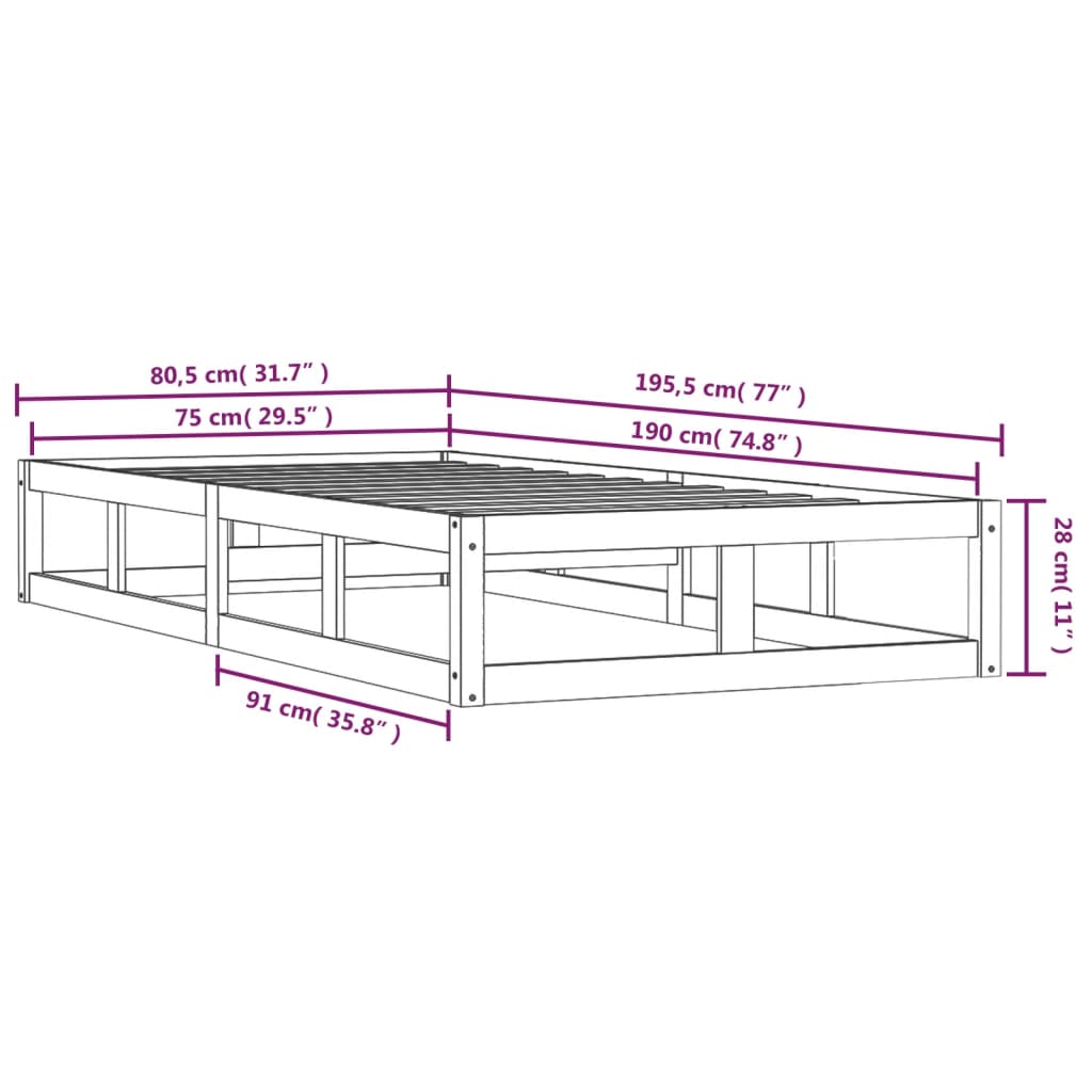 vidaXL Πλαίσιο Κρεβατιού Μαύρο 75 x 190εκ. από Μασίφ Ξύλο Small Single
