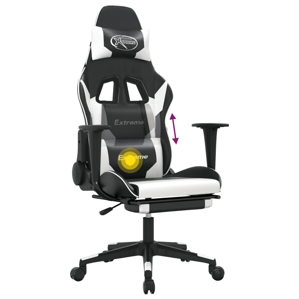 vidaXL Καρέκλα Gaming Μασάζ Υποπόδιο Μαύρο άσπρο από Συνθετικό Δέρμα